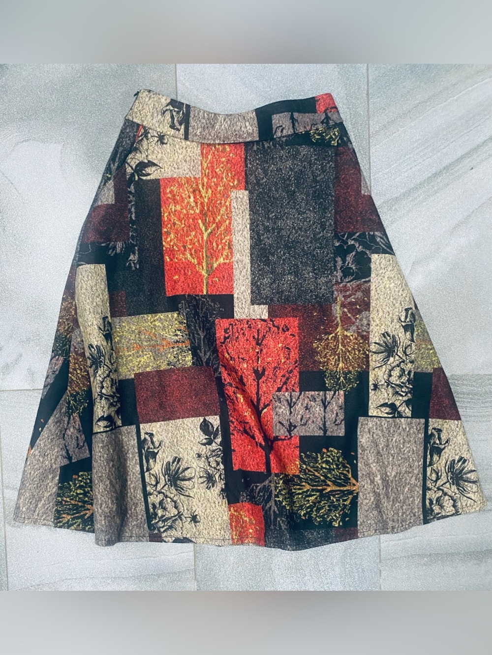 Vintage Patchwork A-Line Skirt Fall Colors Wool Blend Size 28